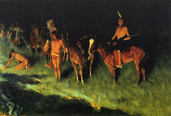 painting of grass fire and indians by Frederic Remington 1908