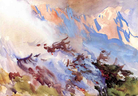 watercolor of a mountain fire by John Singer Sargent