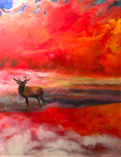 painting a fire and elk by Jerry Prueitt