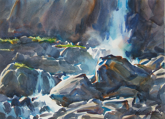 watercolor painting of mountain waterfall, Below the Falls, © Gerald Fritzler