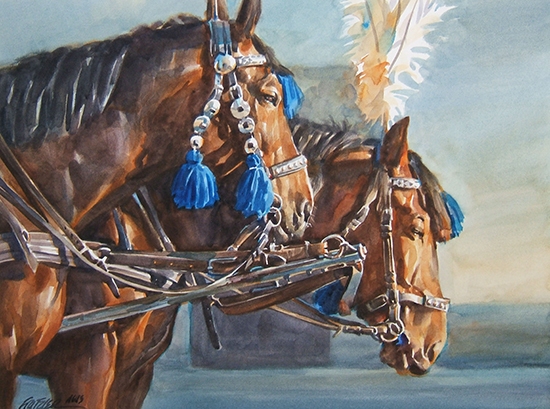 watercolor painting of horses and silver bridles by Gerald Fritzler
