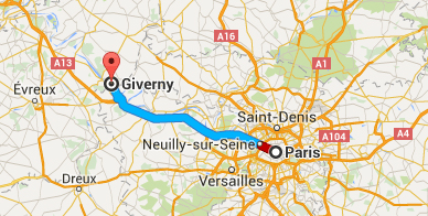 Map of Route from Paris to Giverny