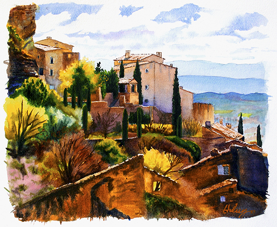 watercolor of Gordes, Provence © by John Hulsey