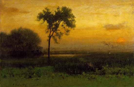 Tonalist sunrise landscape oil painting by George Inness