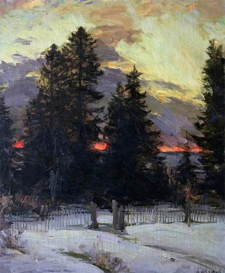 Oil painting of Sunset Over a Winter Landscape, ca. 1902, Abram Arkhipov