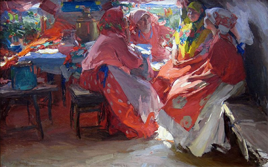 Oil Painting of Village Visitors, 1914, Abram Arkhipov