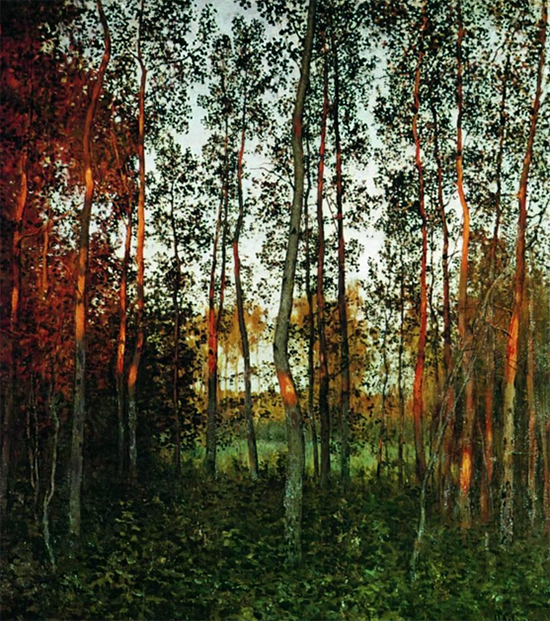 Oil Painting of Sun Shining Through an Aspen Forest, 1897, Isaac Levitan