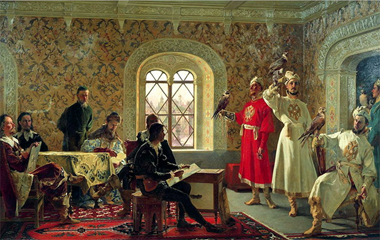 Ambassador Horatio Calvucci Sketching the Favorite Falcons of Tsar Alexis I, 1889, Litovchenko