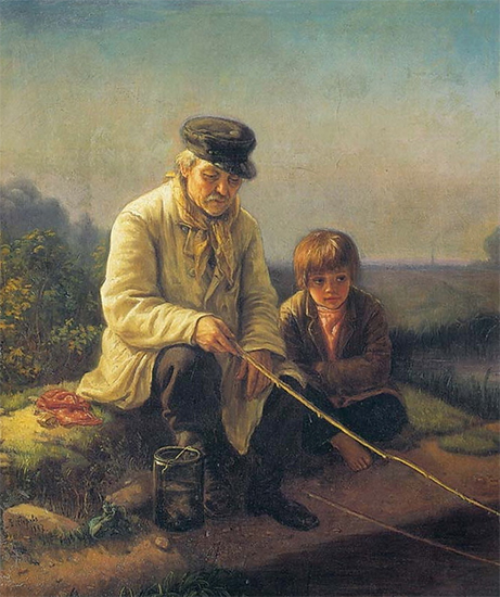 Painting of a Man and a Boy Fishing by Vasily Perov