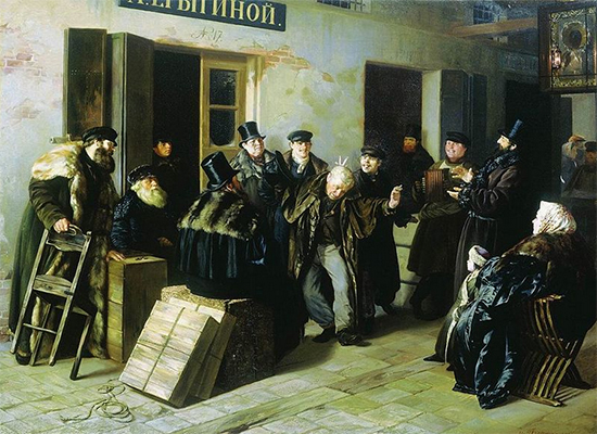 A Painting of Men Taunting Another Man, Jokers, 1865, Pryanishnikov
