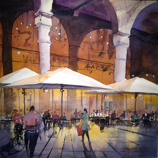 Evening in Milan, Galleria Vittorio Emanuele, 20 x 20", Watercolor, © Jeff Good