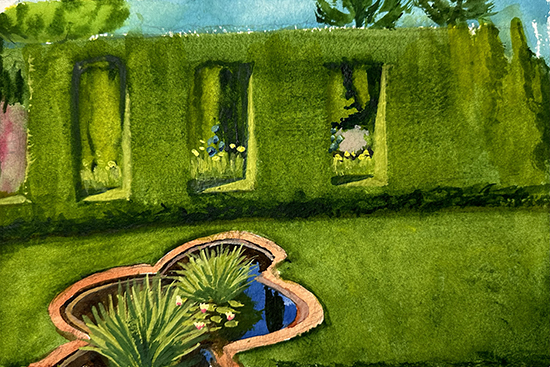 Yew Windows at Ladew, 11 x 15", Gouache, © JM Hulsey