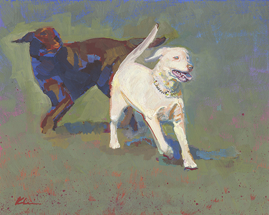 Fetching Labs, 8 x 10", Casein on Board, © Mary Nagel Klein