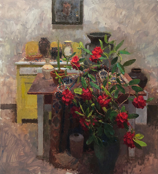 More Layers, Red Rhododendrons, 60 x 54", Oi, © Jim McVicker