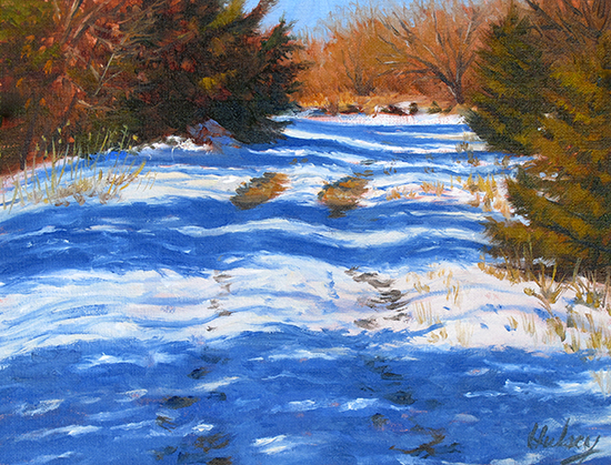 oil painting of snowy country road by John hulsey
