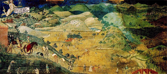The Effects of Good Government in the Countryside, 1338, Fresco, City Hall of Siena, Ambrogio Lorenzetti 