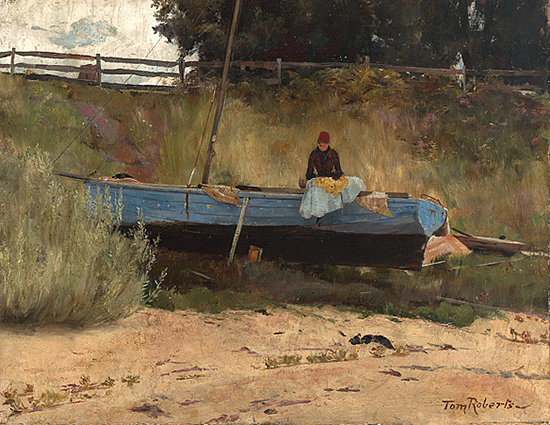 plein air oil  painting of boat on beach