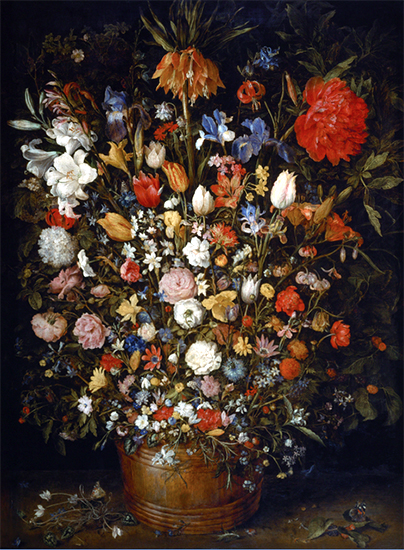 Flowers in a Wooden Vessel, 1606, Jan Brueghel the Elder