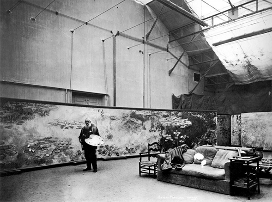 Claude Monet in His Studio ca. 1920 with Nymphaea Panels