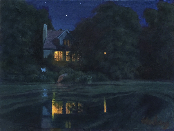 The Conversation, nocturne oil paintingof cottage on a pond, by John Hulsey