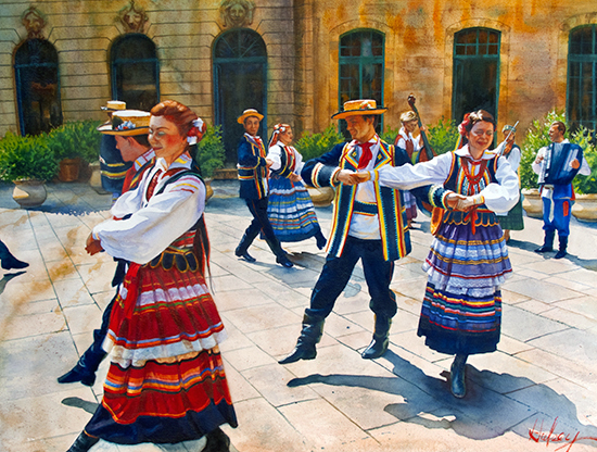 Watercolor painting of Polish dancers in Aix, France. © by John Hulsey