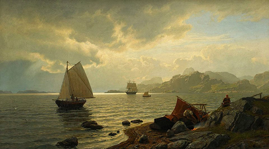 oil painting of ships on a fjord in scandinavia, by Hans Frederick Gude