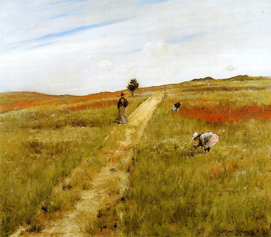 oil painting of woman strolling in the Shinnecock Hills of Long Island, byWilliam Merritt Chase 