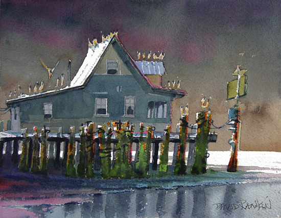 watercolor of house on a pier with sea gulls, by David Rankin