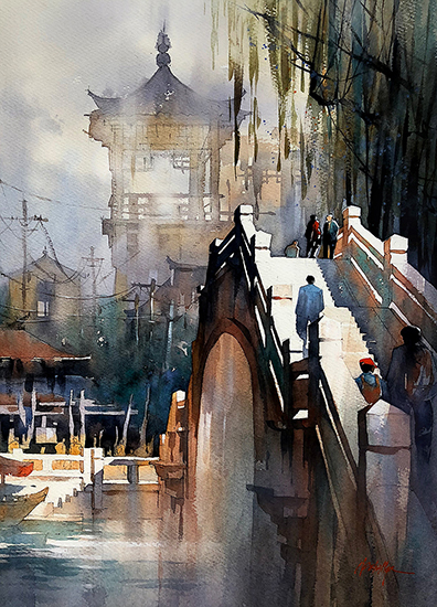 Bridge - China, 23 x 16", WC, © Thomas Schaller