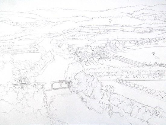 Drawing of the Dordogne River in France by John Hulsey