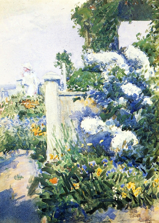 oil paintng of a garden by the sea by Childe Hassam