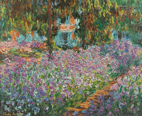 oil painting of iris in a garden by Claude Monet