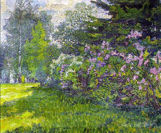 oil landscape painting of lilacs in a park by David Burliuk