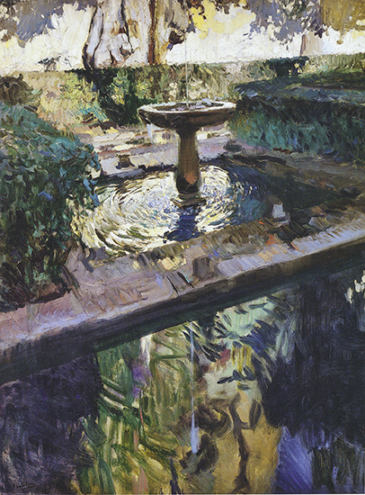 oil painting of garden with fountain by Joaquin Sorolla