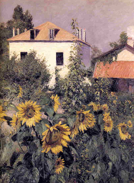 oilk painting of Sunflowers in a garden by Caillebotte