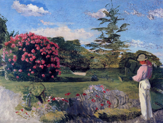 oil painting of a gardener working in a garden by Frederick Bazille