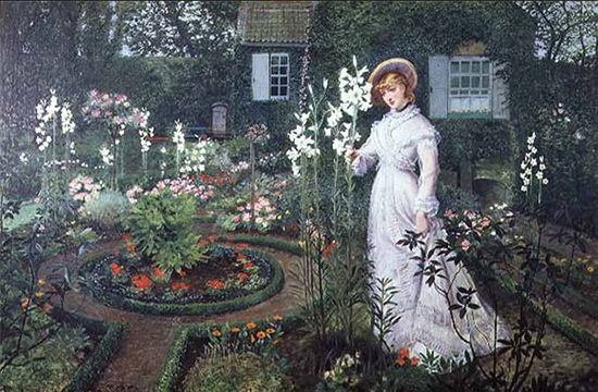 oil painting of woman in garden by John Atkinson Grimshaw