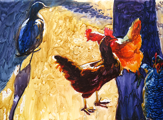 watercolor painting of chickens by John Hulsey