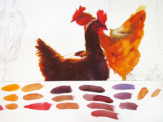 watercolor painting of chickens by John Hulsey