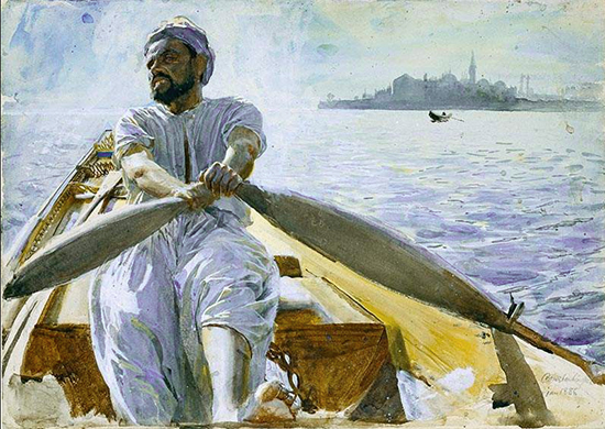 watercolor of a Turkish oarsman rowing a boat, by Anders Zorn