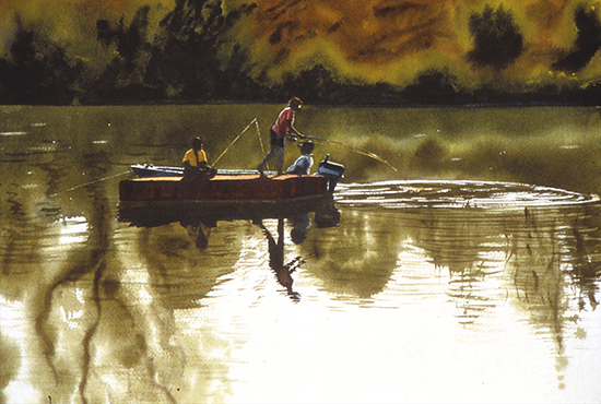 watercolor painting of people fishing from a boat on a river