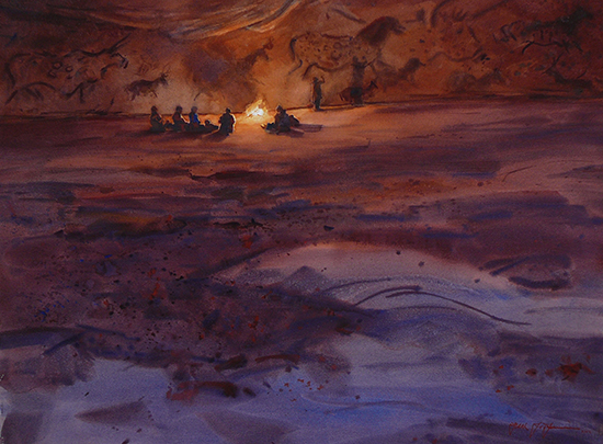 Watercolor painting of neolithic people around a campfire in a cave, by Frank LaLumia