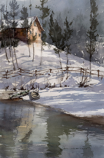 Winter Lake, Watercolor, © Vladislav Yeliseyev