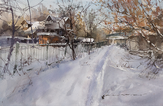 Winter Path in Golitsino, Watercolor, © Vladislav Yeliseyev